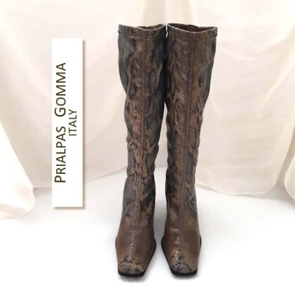 PRIALPAS GOMMA Stretchy Boots Brown Grey Snakeskin Leather Black Heeled Boots - Picture 2 of 10